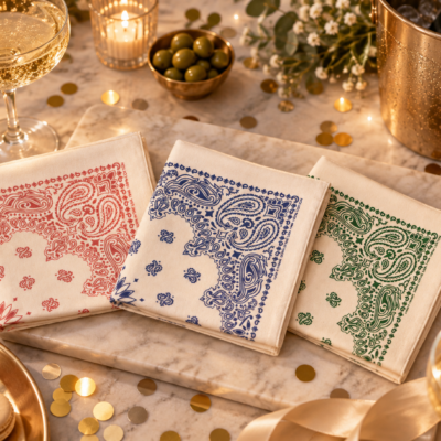 The Choose Your Own 3-Pack Hav-A-Hank Handkerchiefs, featuring red, blue, and green paisley patterns, are elegantly displayed on a marble surface amid champagne, olives, flowers, gold confetti, and a gold ice bucket for a festive celebration scene.