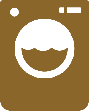 Brown washing machine icon showing a circular door with water inside, two small rectangles, and a circle at the top right representing controls—resembling a neatly folded handkerchief in its simplicity.